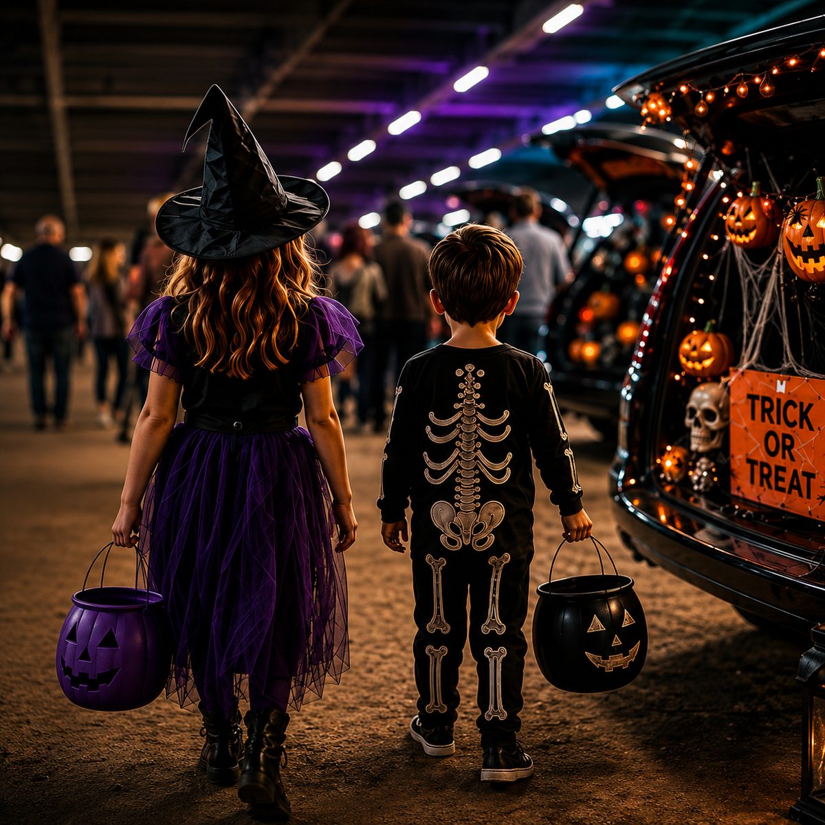 Two children in witch and skeleton costumes walking past a decorated car trunk in a parking garage